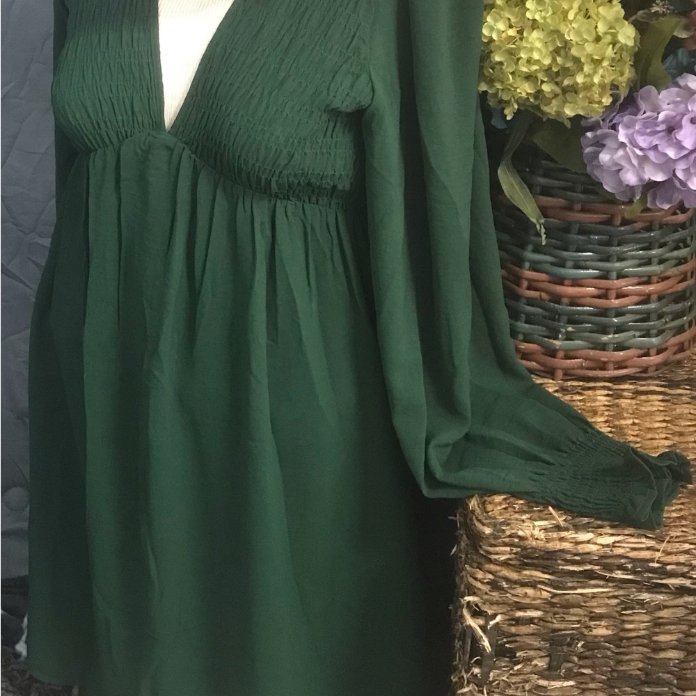 Forest Green V-Neck Smocked Waist Dress